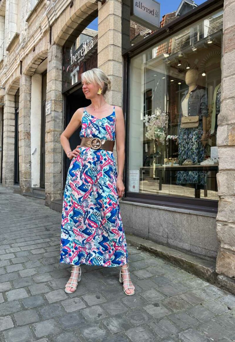 robe longue à bretelles rose bleu blanc