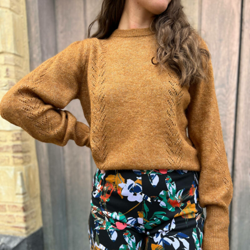 Pull ajouré camel pour femme très tendance.