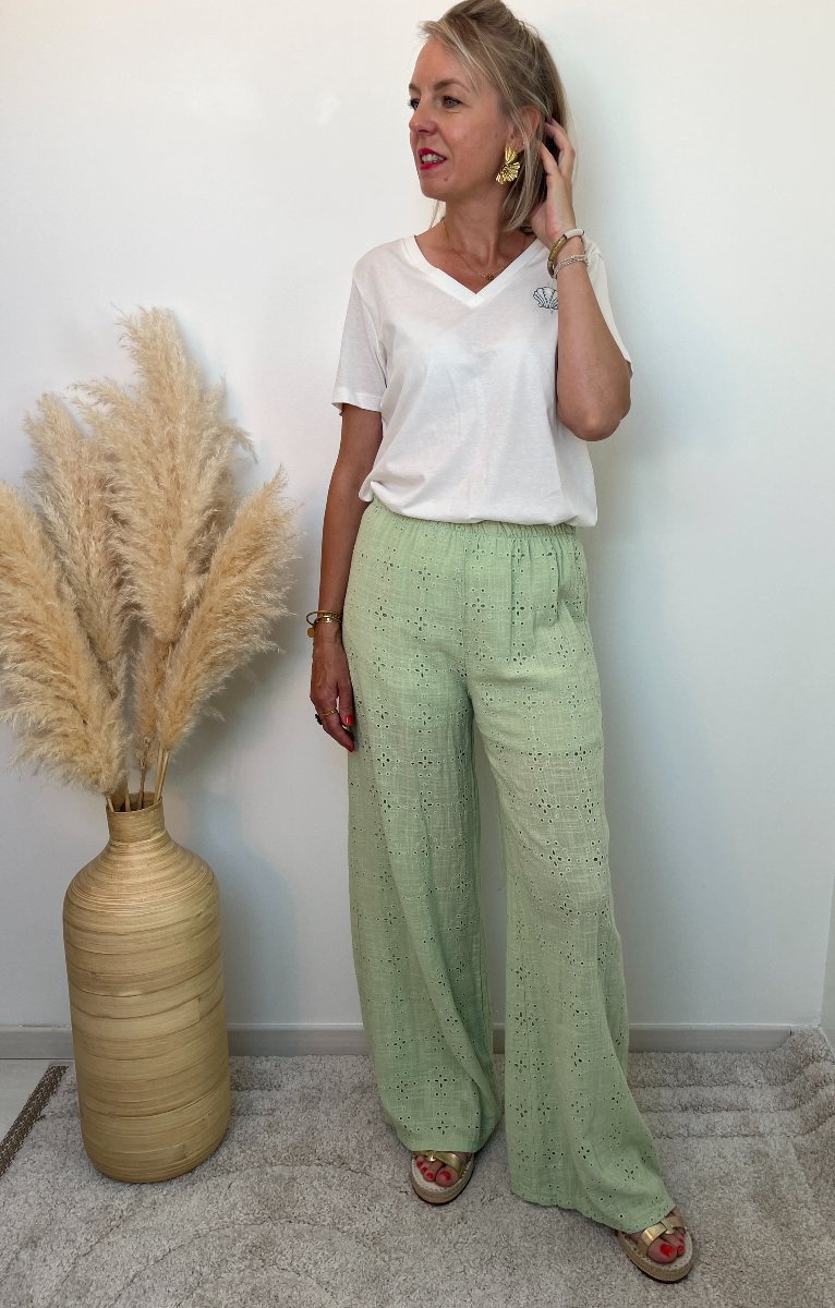 pantalon broderie vert