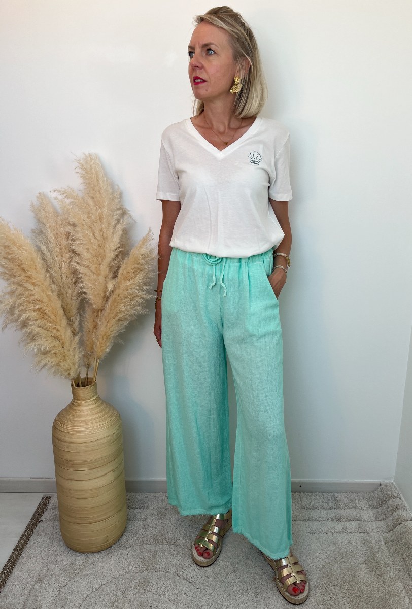 PANTALON LIN COTON VERT D'EAU