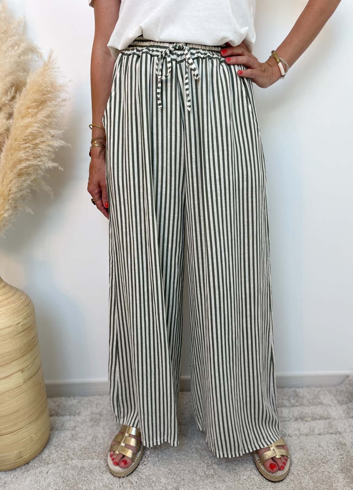 PANTALON LIN RAYURES KAKI