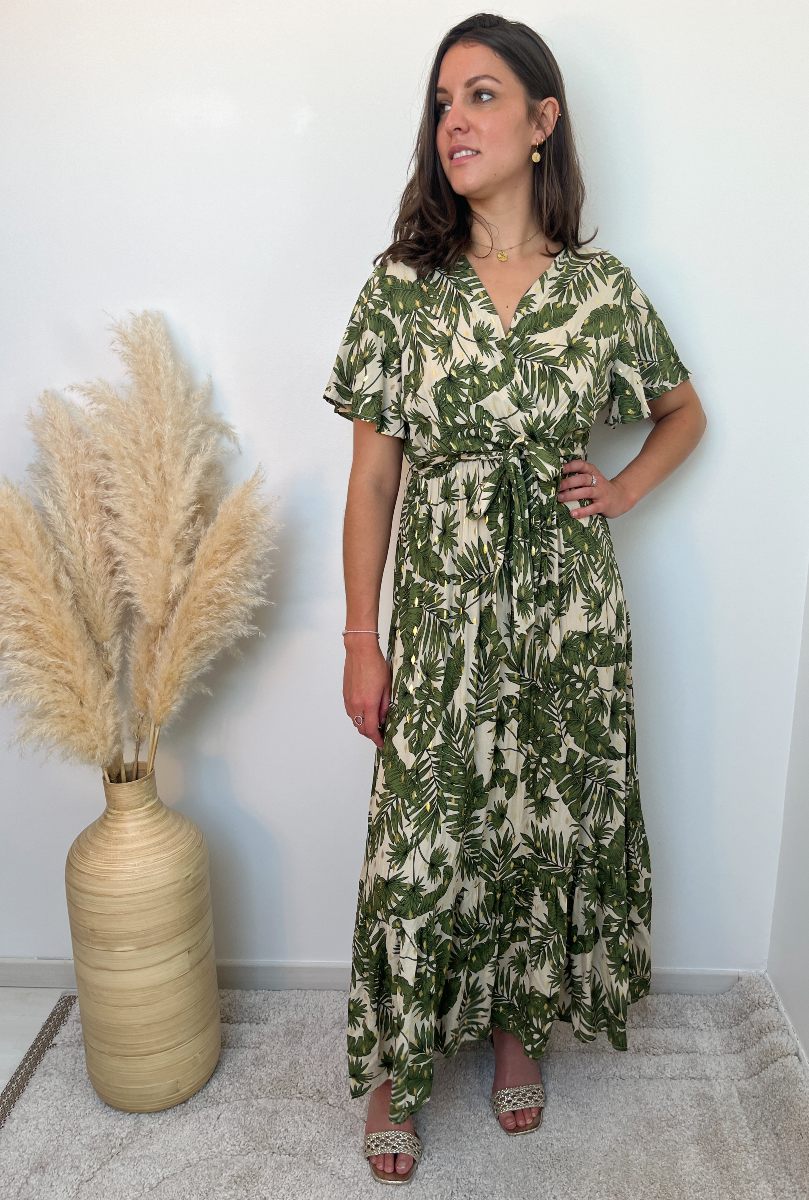 ROBE LONGUE FEUILLAGE KAKI DORE