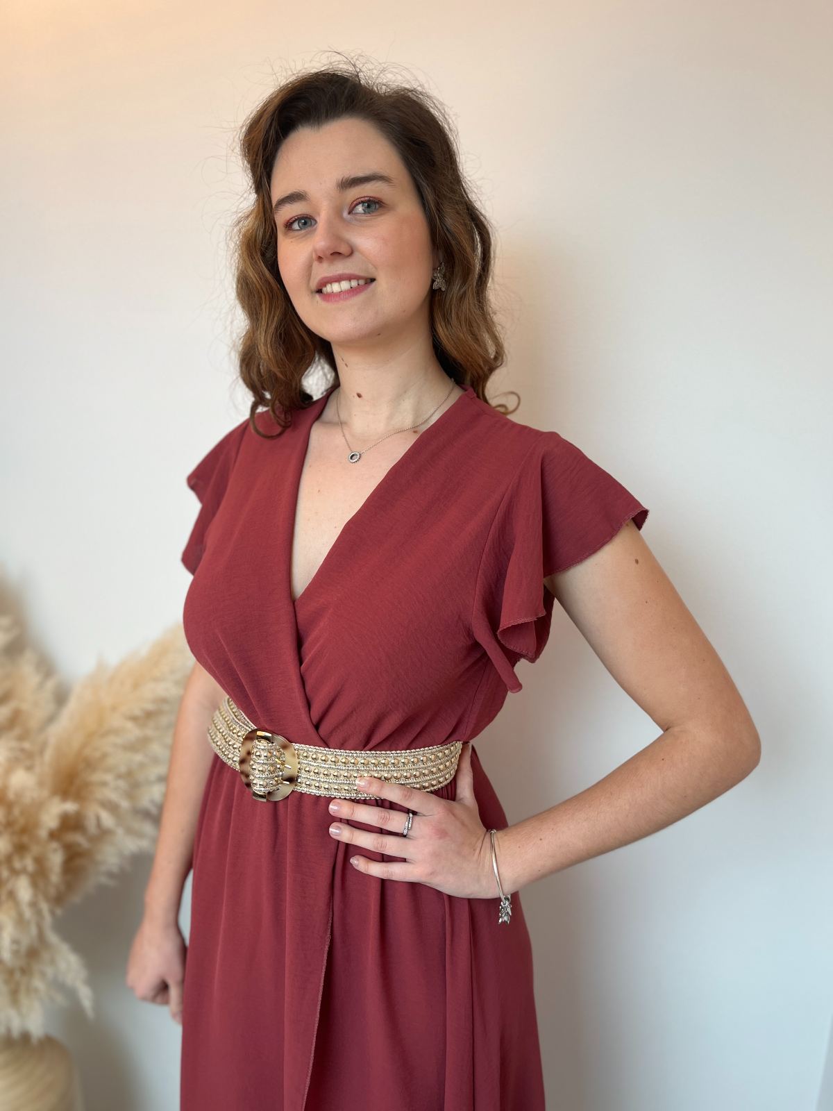robe longue col V rose framboise 3