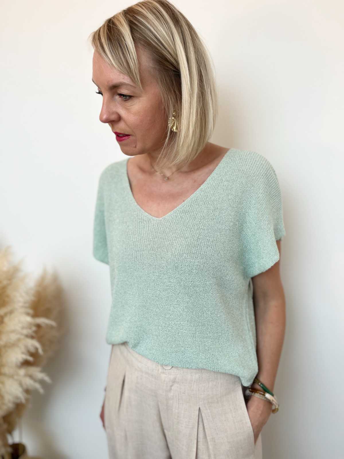 PULL COL V VERT D'EAU LUREX