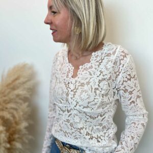Top dentelle blanc col V