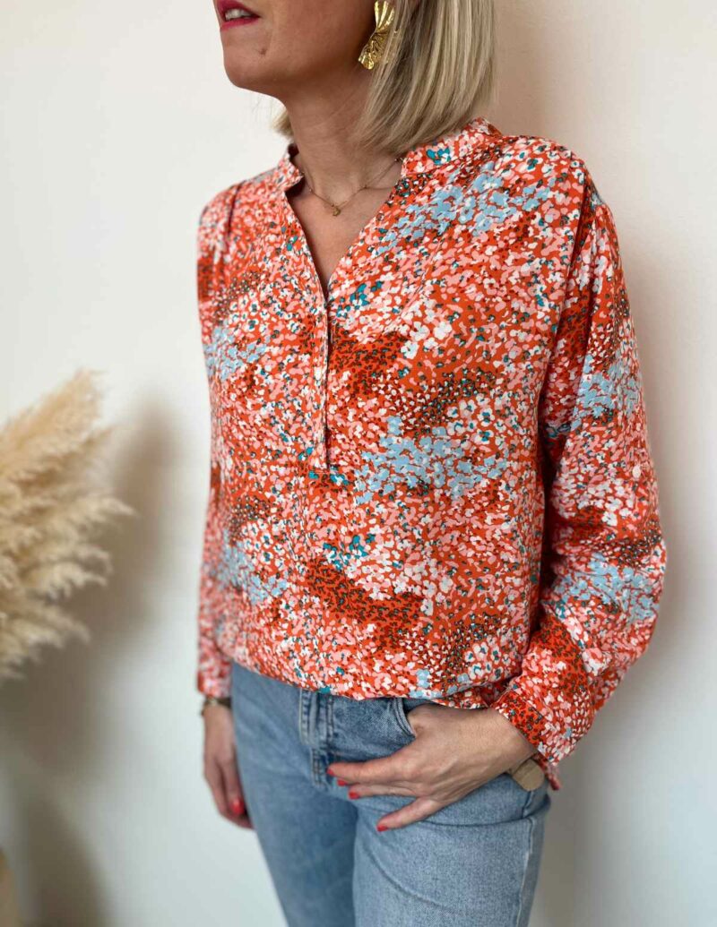 blouse col v imprimé bleu orange