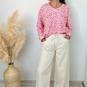 Pull col V leopard rose