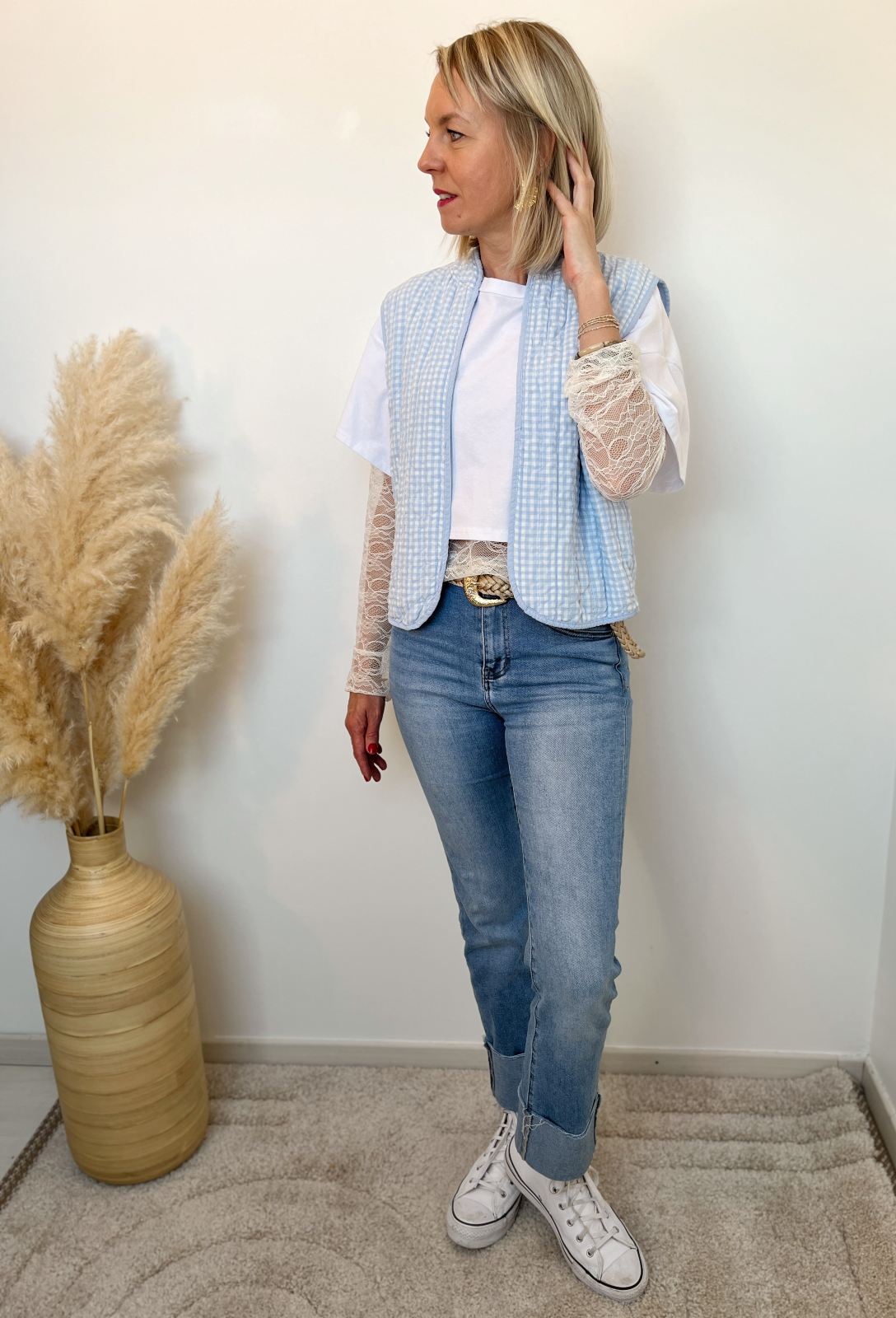 Veste sans manches vichy bleu blanc