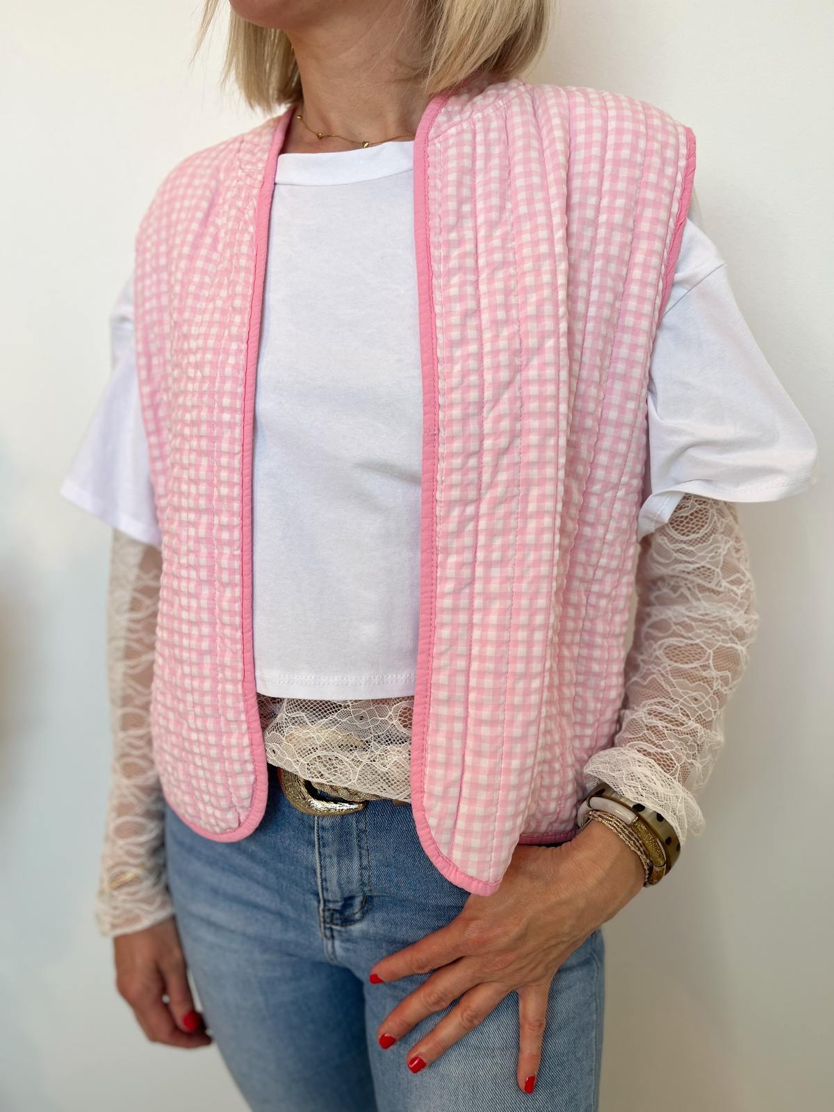 Veste sans manches vichy rose blanc 3