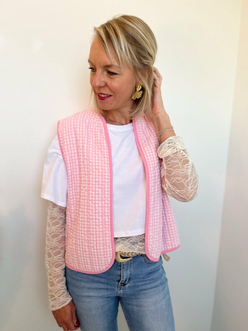 Veste sans manches vichy rose blanc