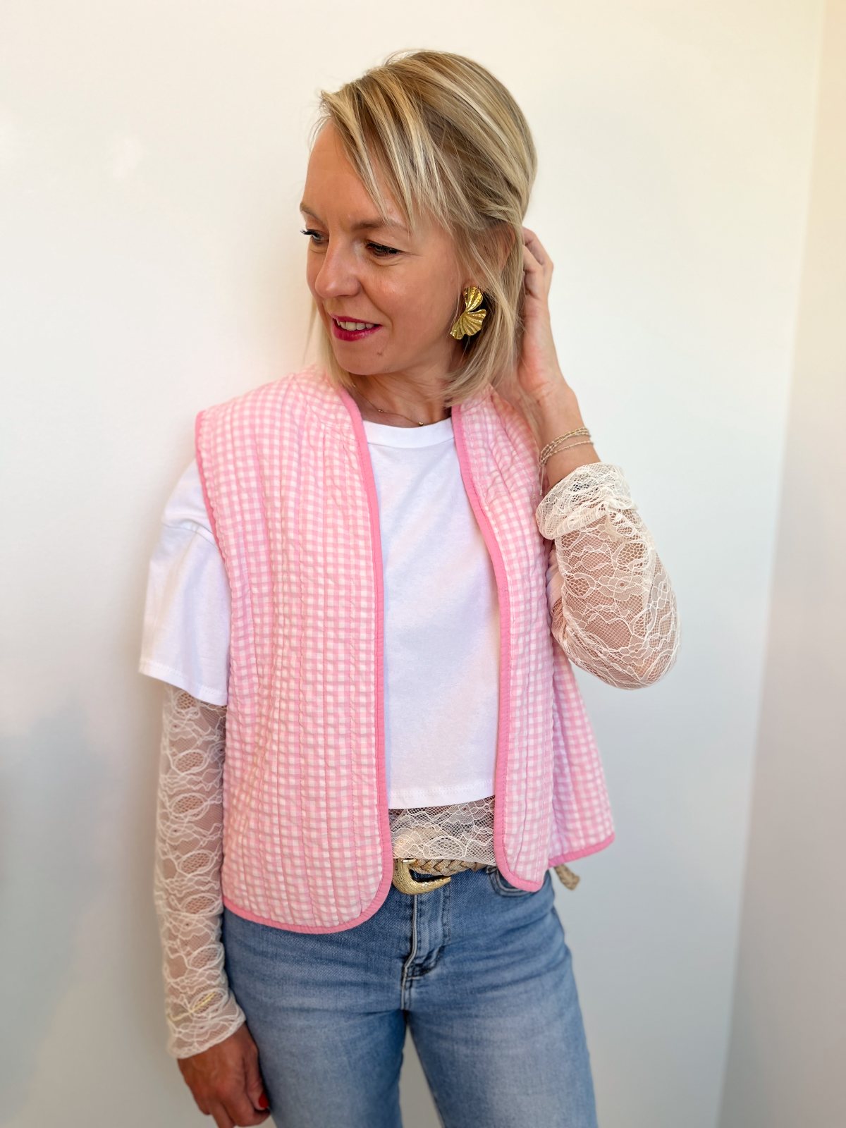 VESTE SANS MANCHES VICHY ROSE