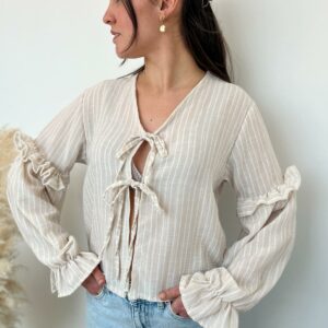 blouse noeud beige blanc