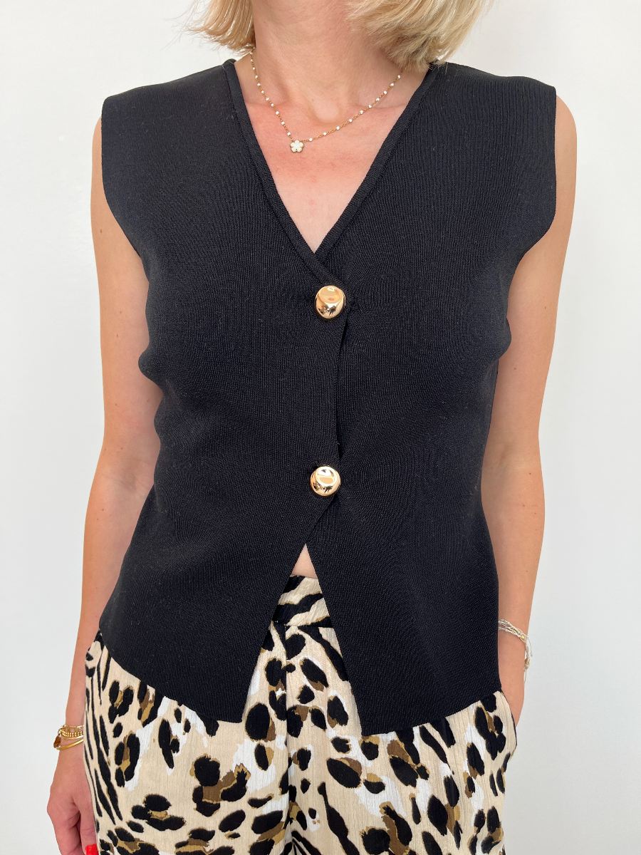 GILET SANS MANCHES NOIR BOUTONS DORES