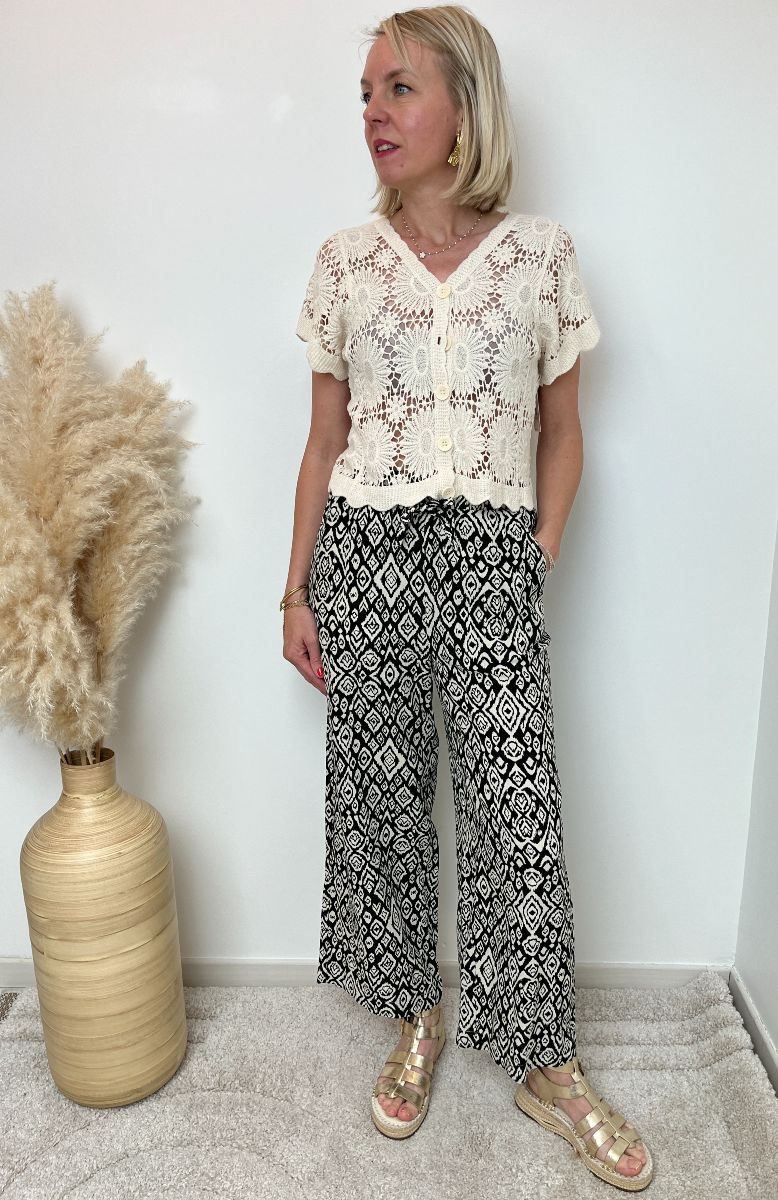 Pantalon fluide imprimé noir beige