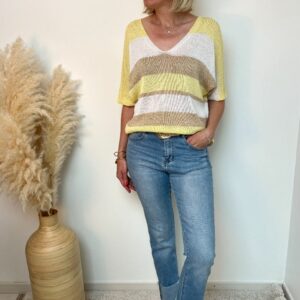 Pull rayé beige jaune 2