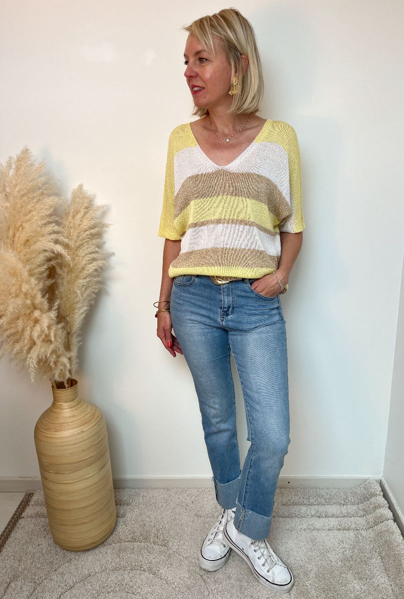 Pull rayé beige jaune 2