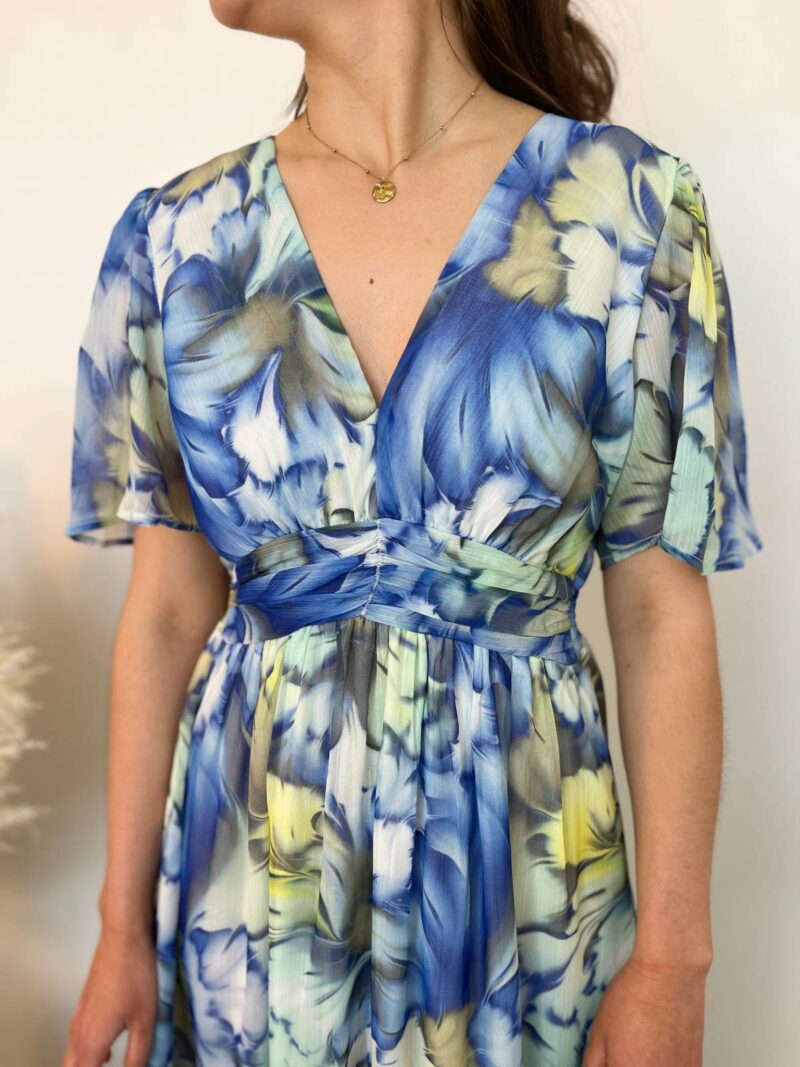 Robe longue col V vert bleu 2