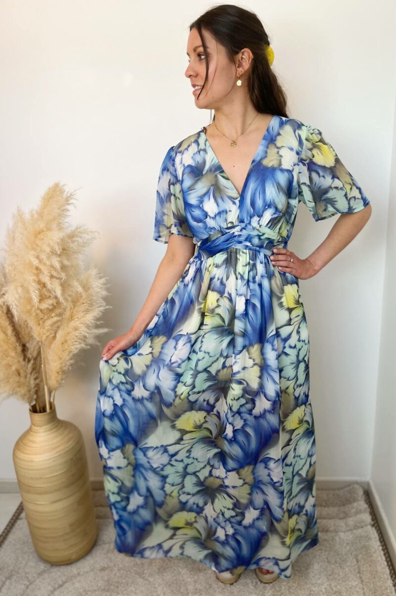 Robe longue col V vert bleu