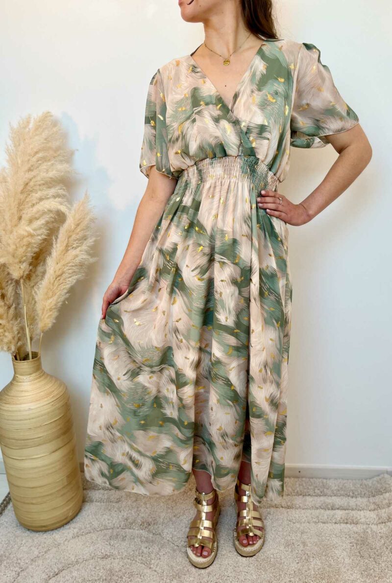 Robe longue imprimée vert beige 2