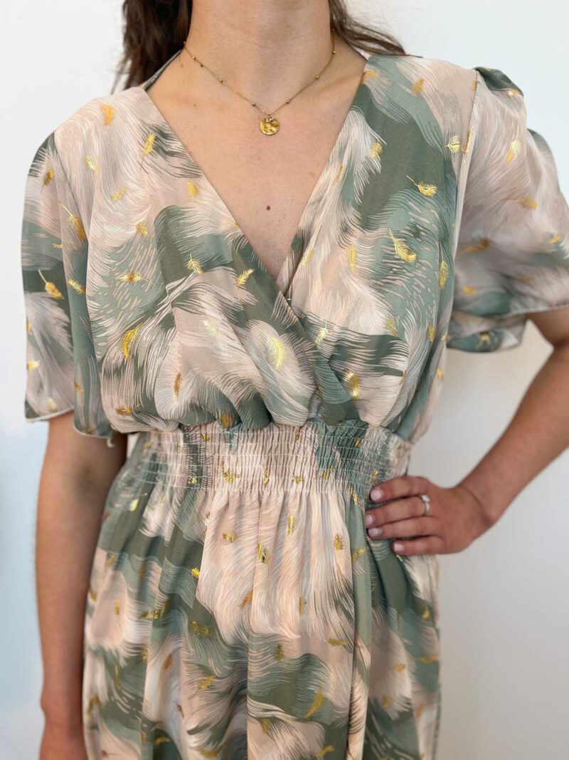 Robe longue imprimée vert beige 3