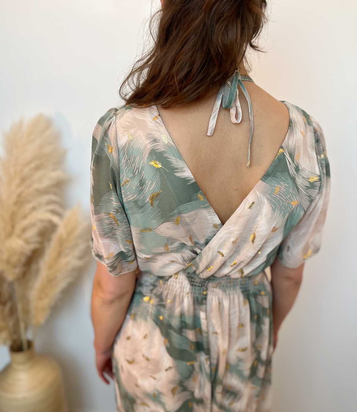 Robe longue imprimée vert beige 4