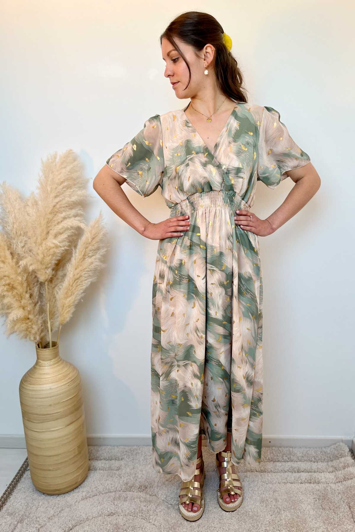 ROBE LONGUE IMPRIME VERT ET BEIGE