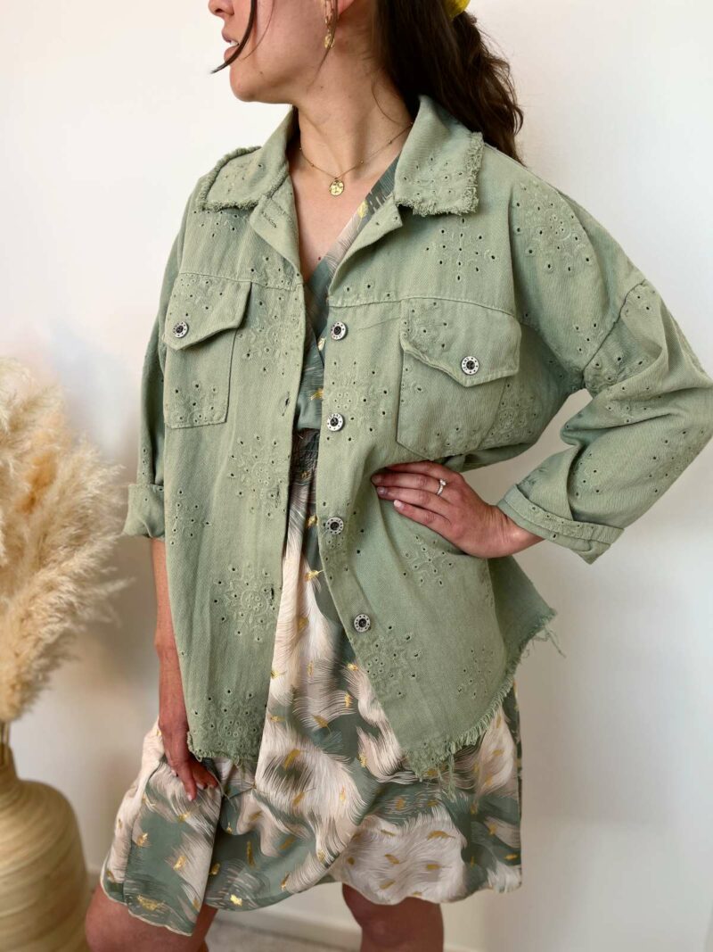 Veste longue brode kaki 2