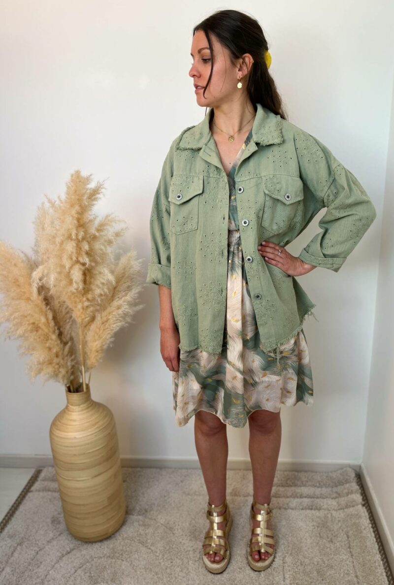 Veste longue brode kaki