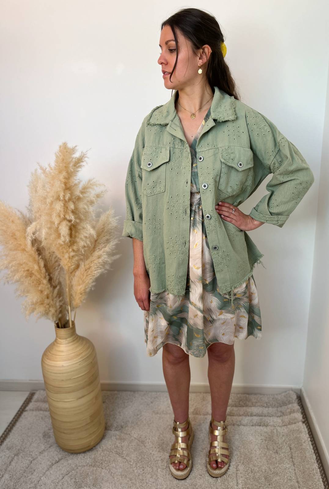 VESTE LONGUE BRODE KAKI