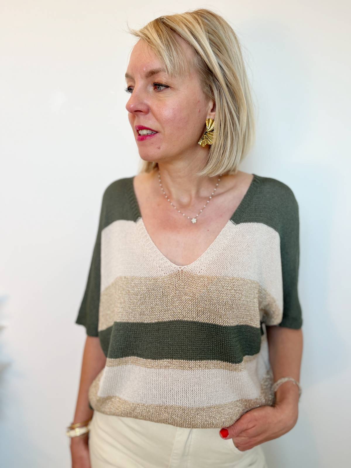 PULL RAYÉ KAKI BEIGE