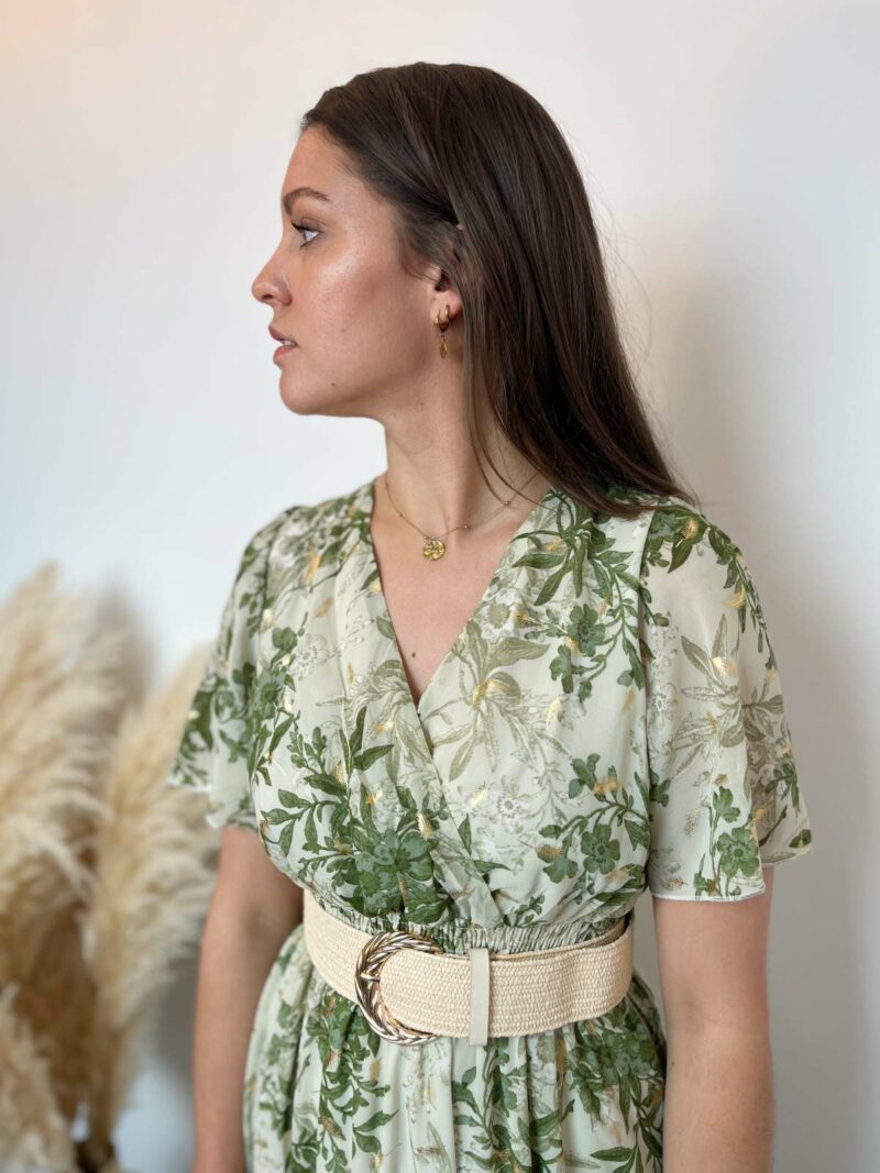 robe longue feuillage vert beige 2