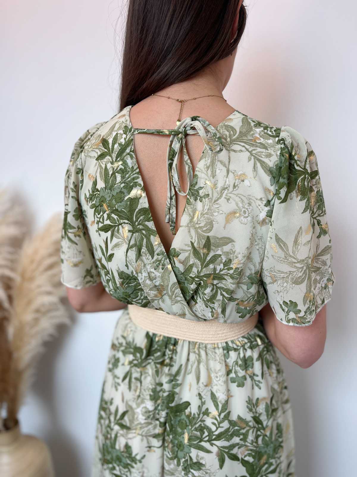 robe longue feuillage vert beige 3