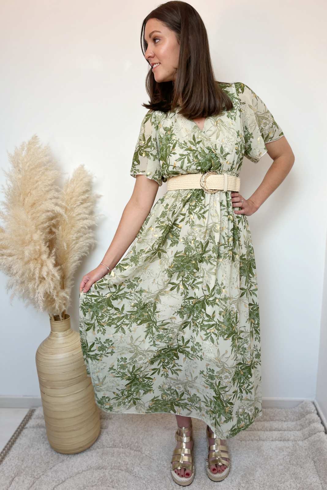 ROBE LONGUE FEUILLAGE KAKI