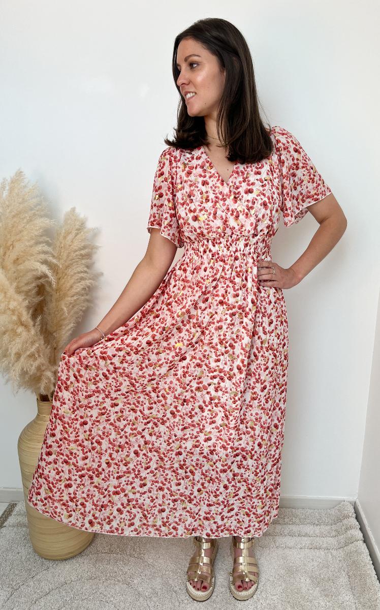 ROBE LONGUE FLEURIE CORAIL DORE