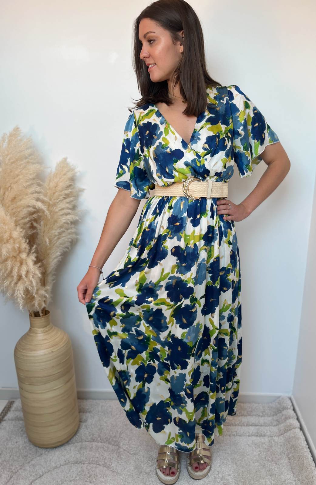 ROBE LONGUE FLEURS MARINE VERT