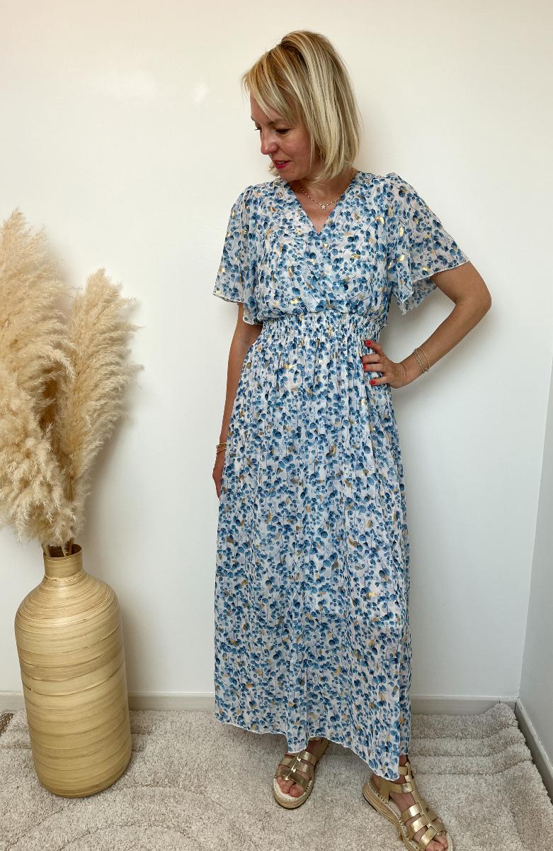 ROBE LONGUE FLEURIE BLEU DORE