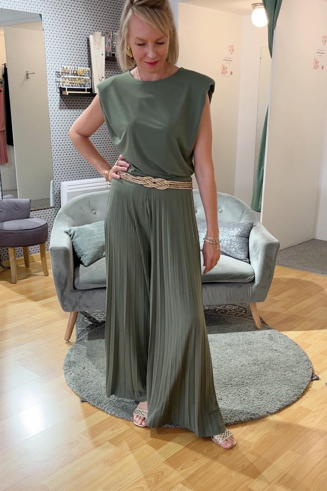 ENSEMBLE PANTALON ET TOP PLISSE KAKI