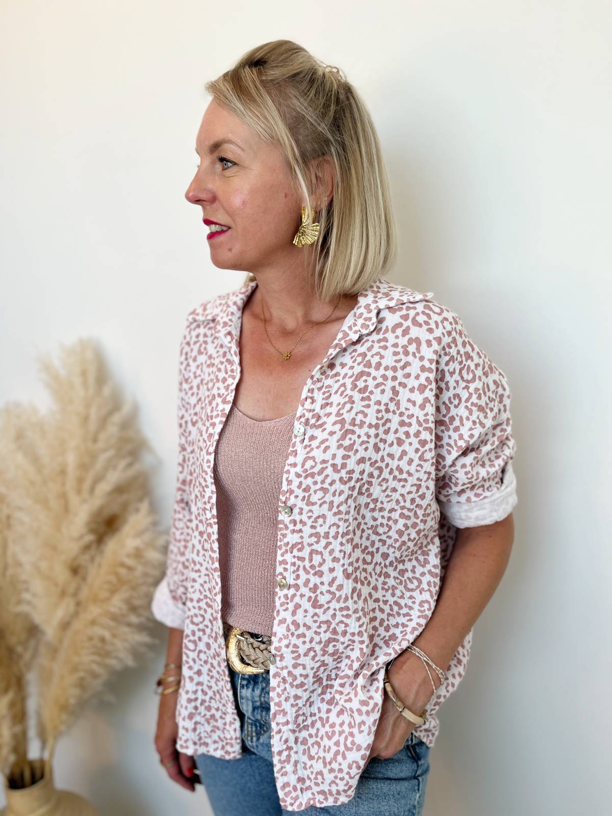 CHEMISE GAZ DE COTON LEOPARD BEIGE FONCE