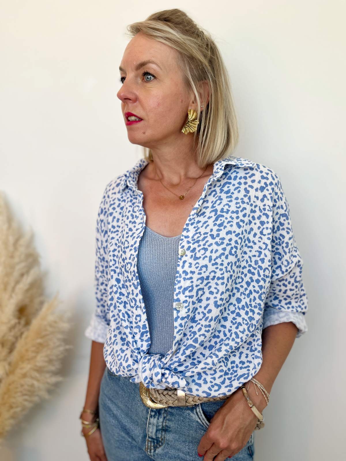 CHEMISE GAZ DE COTON LEOPARD BLEU