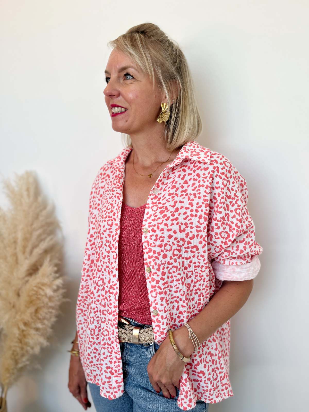CHEMISE GAZ DE COTON LEOPARD CORAIL