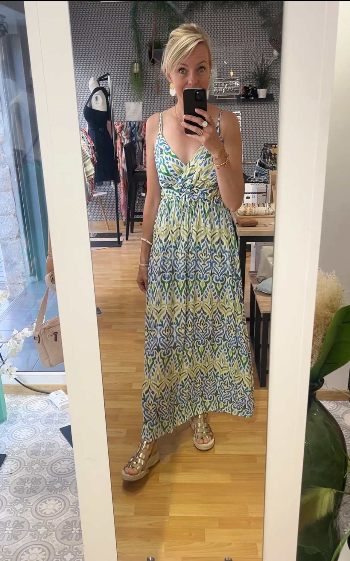 ROBE LONGUE FINES BRETELLES BLEU VERT