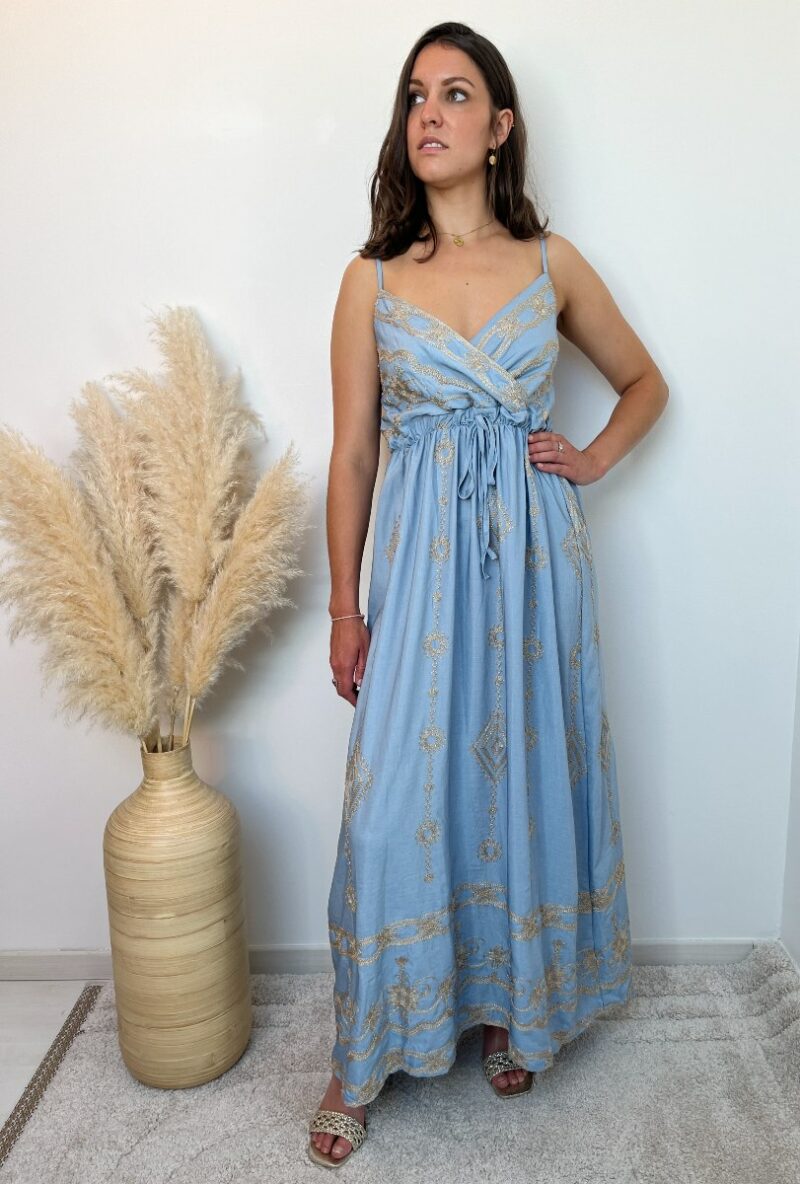 robe longue bleu jean details dorés