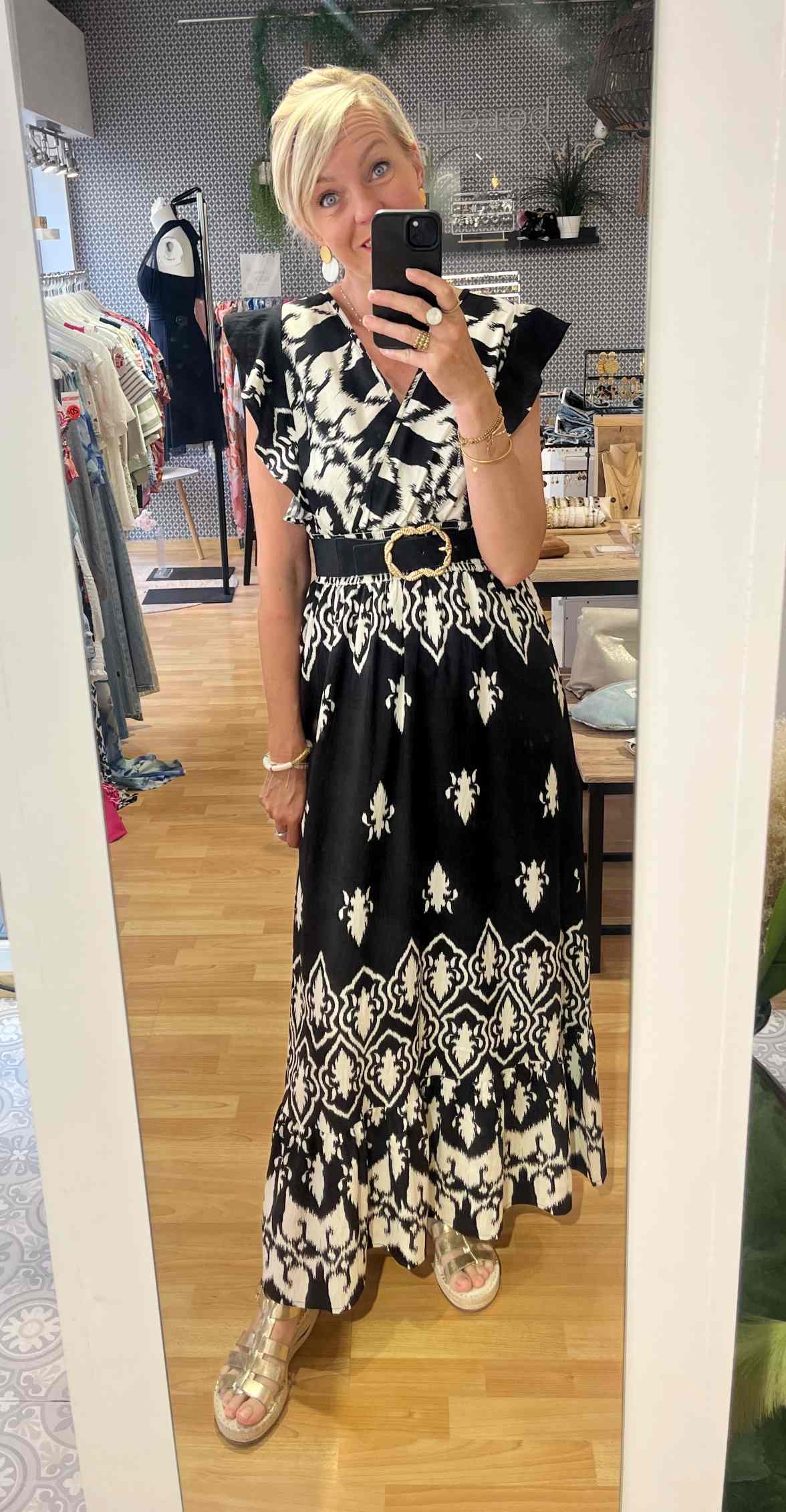 ROBE LONGUE IKAT NOIR BEIGE