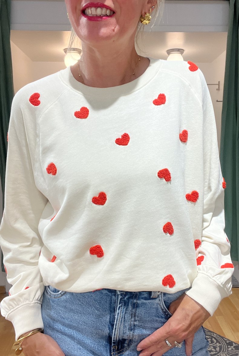 SWEAT ECRU COEUR BRODERIE CORAIL
