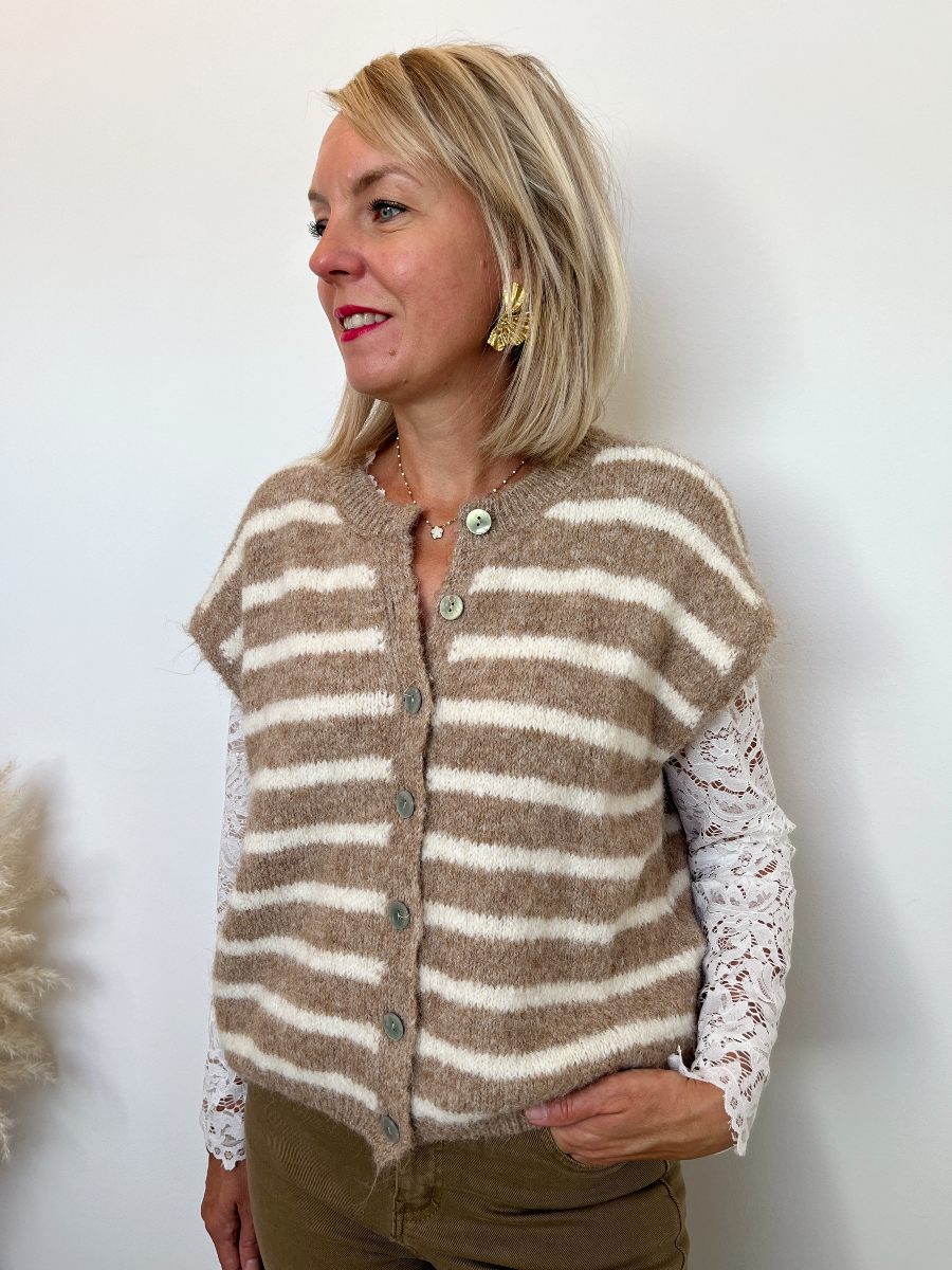 GILET SANS MANCHES RAYE BEIGE