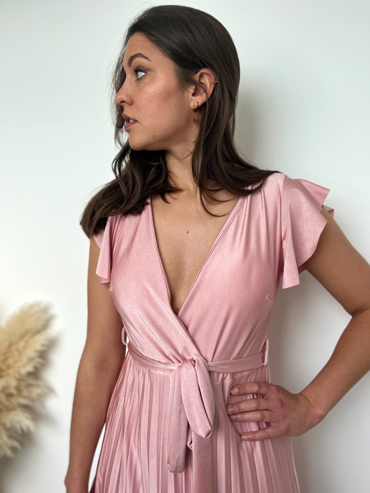 Robe longue cérémonie manches courtes rose