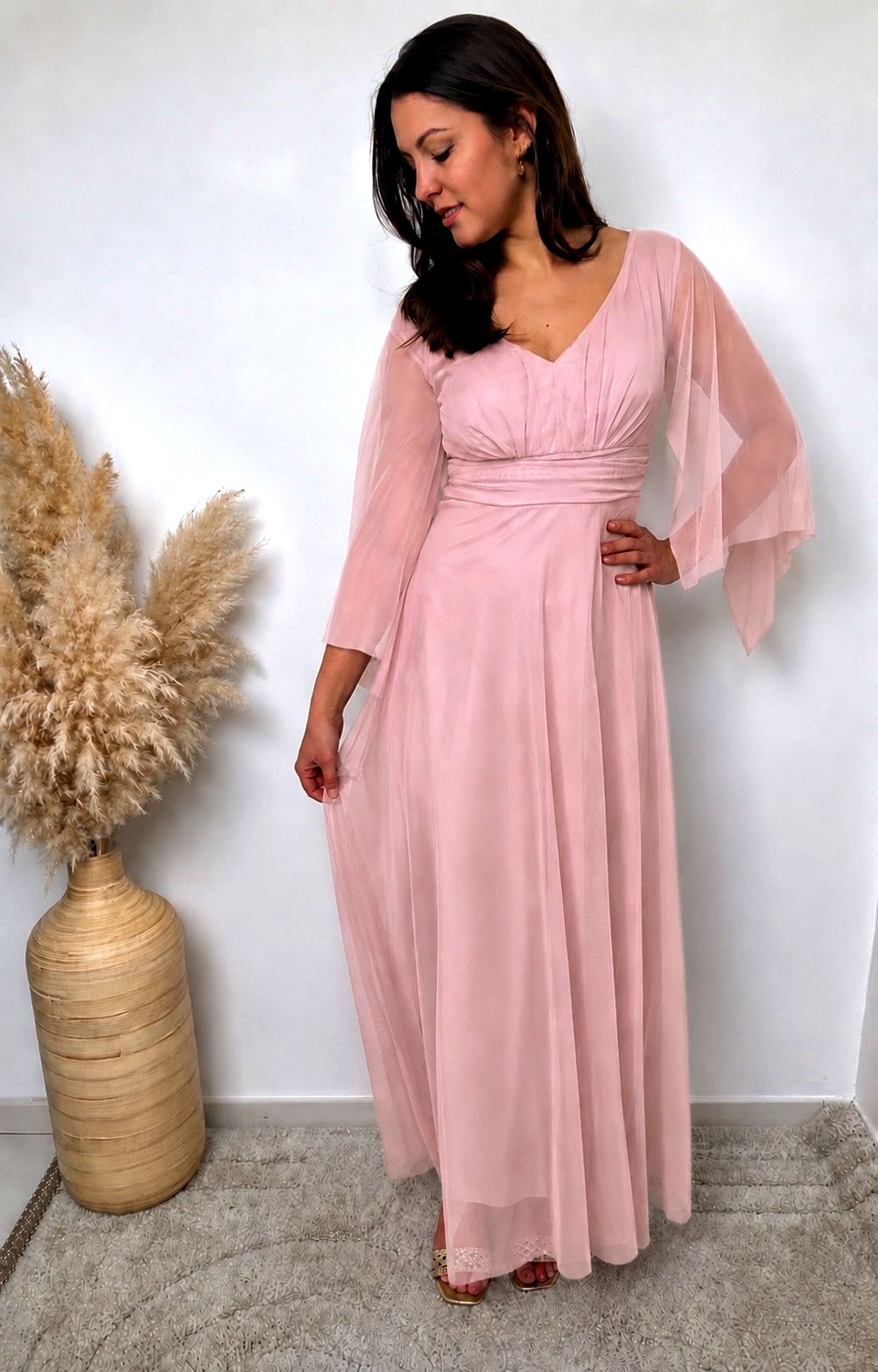 ROBE LONGUE MANCHES VOILE ROSE POUDRE