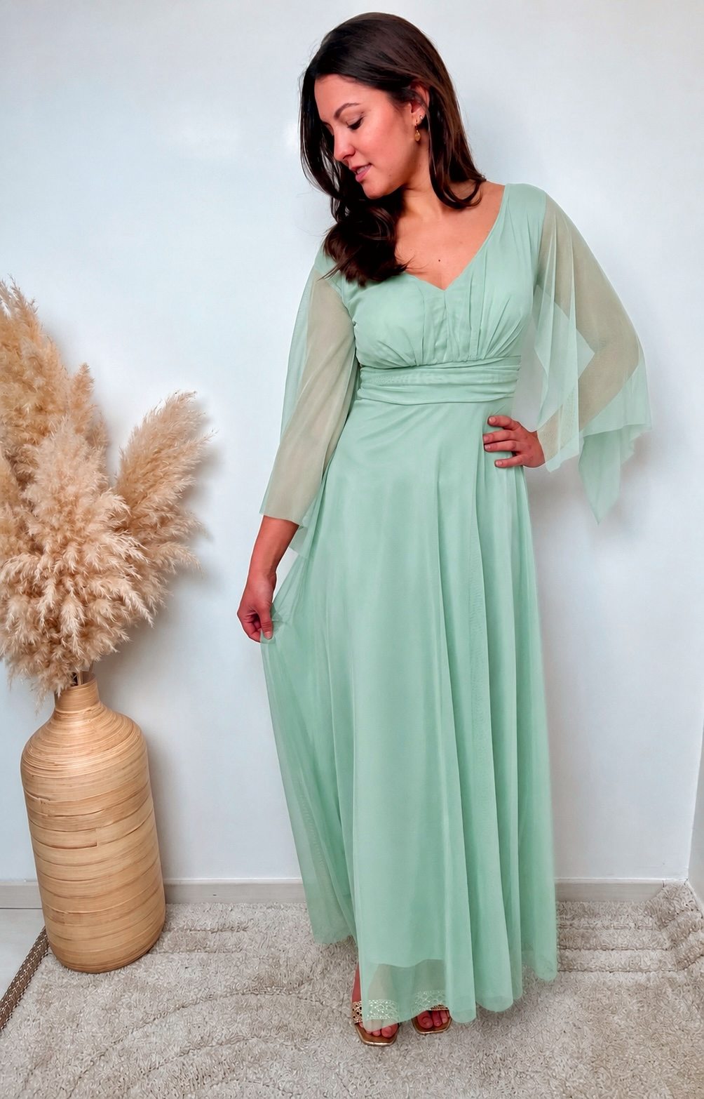 ROBE LONGUE MANCHES VOILE VERT D'EAU